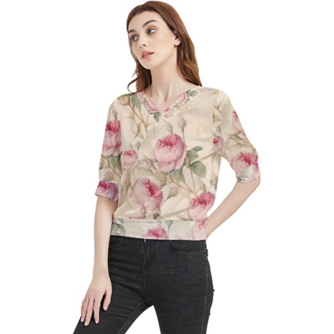 Roses Plants Vintage Retro Flowers Pattern Quarter Sleeve Blouse by Wegoenart