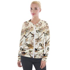 Birds Perched Birds Pattern Design Seamless Velvet Zip Up Jacket by Wegoenart