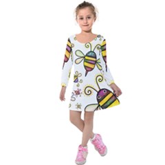 Bee Doodle Cartoon Kids  Long Sleeve Velvet Dress