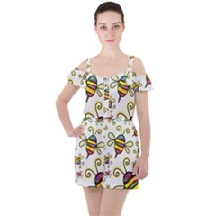 Bee Doodle Cartoon Ruffle Cut Out Chiffon Playsuit by Wegoenart