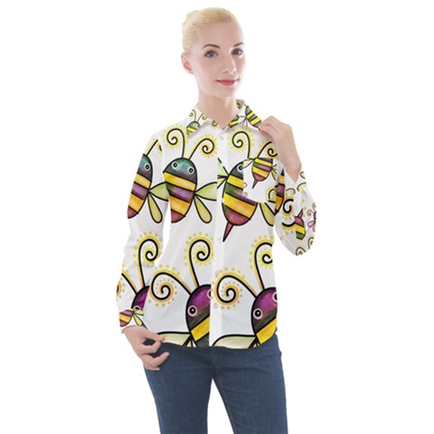 Bee Doodle Cartoon Women s Long Sleeve Pocket Shirt by Wegoenart