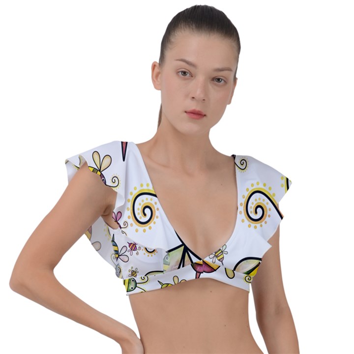 Bee Doodle Cartoon Plunge Frill Sleeve Bikini Top