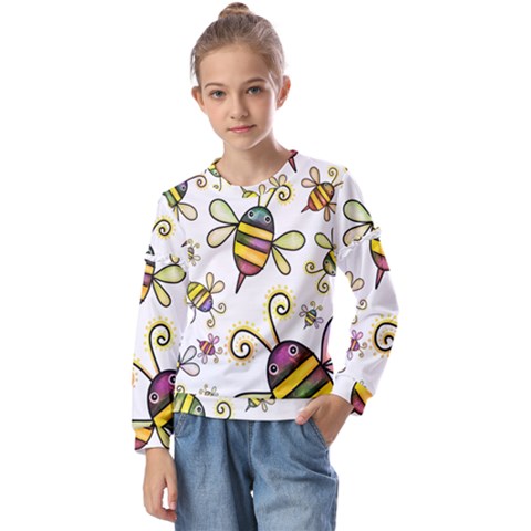 Bee Doodle Cartoon Kids  Long Sleeve Tee With Frill  by Wegoenart