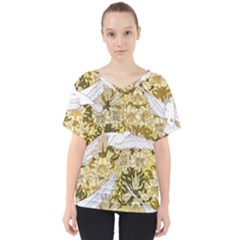 Dove Flowers Pattern Birds Flying Wings Animals V-neck Dolman Drape Top by Wegoenart