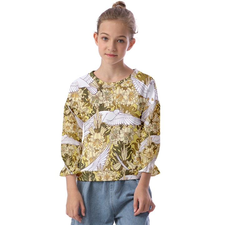 Dove Flowers Pattern Birds Flying Wings Animals Kids  Cuff Sleeve Top