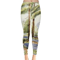 Trees Park Watercolor Lavender Flowers Foliage Leggings  by Wegoenart