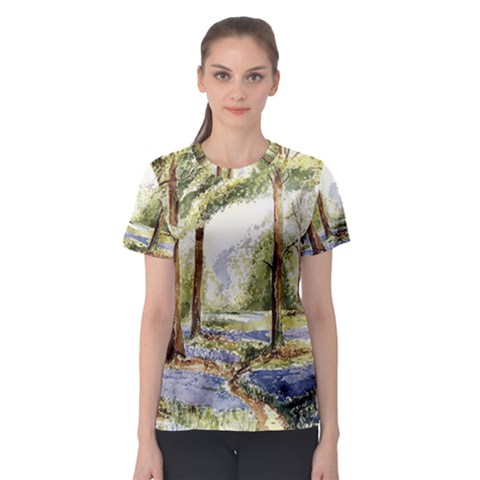 Trees Park Watercolor Lavender Flowers Foliage Women s Sport Mesh Tee by Wegoenart