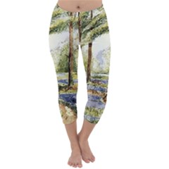 Trees Park Watercolor Lavender Flowers Foliage Capri Winter Leggings  by Wegoenart