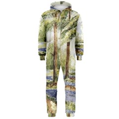 Trees Park Watercolor Lavender Flowers Foliage Hooded Jumpsuit (men) by Wegoenart