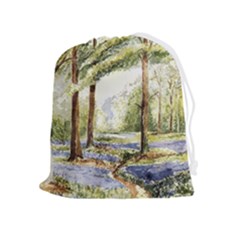 Trees Park Watercolor Lavender Flowers Foliage Drawstring Pouch (xl) by Wegoenart