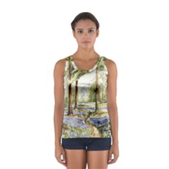 Trees Park Watercolor Lavender Flowers Foliage Sport Tank Top 