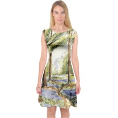 Trees Park Watercolor Lavender Flowers Foliage Capsleeve Midi Dress by Wegoenart