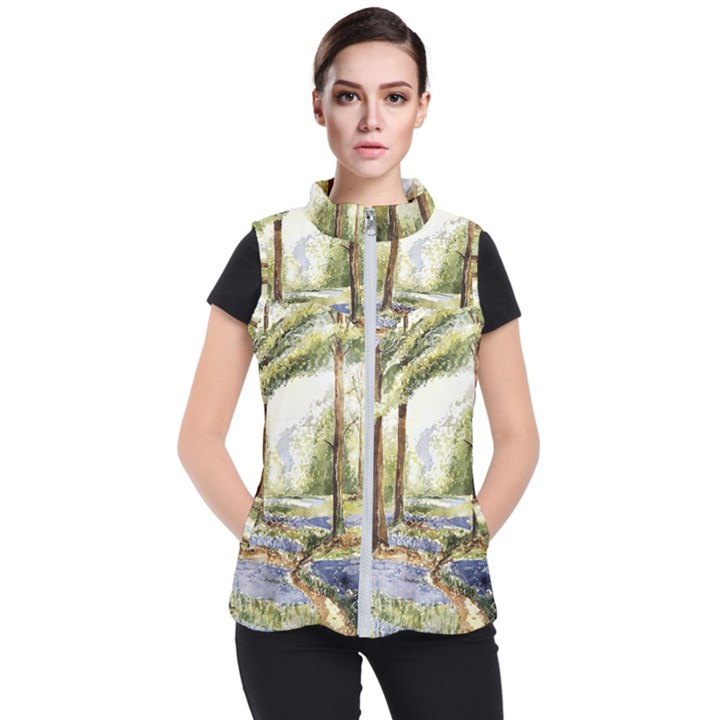 Trees Park Watercolor Lavender Flowers Foliage Women s Puffer Vest