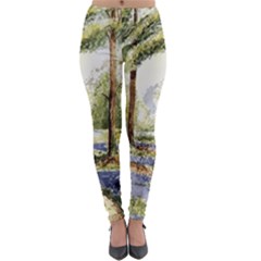 Trees Park Watercolor Lavender Flowers Foliage Lightweight Velour Leggings by Wegoenart