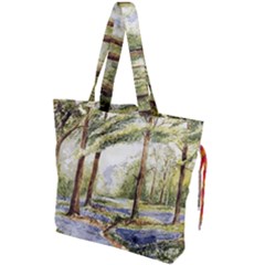 Trees Park Watercolor Lavender Flowers Foliage Drawstring Tote Bag by Wegoenart