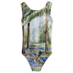 Trees Park Watercolor Lavender Flowers Foliage Kids  Cut-out Back One Piece Swimsuit by Wegoenart