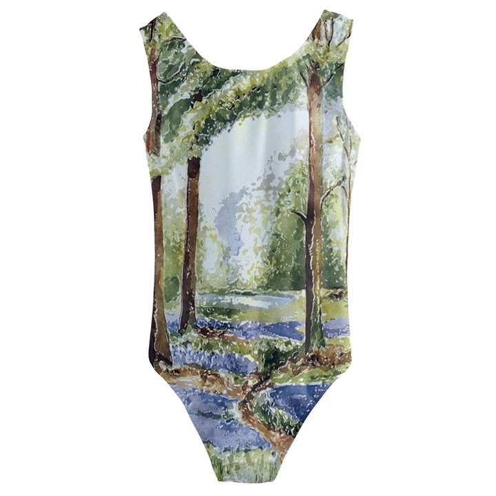 Trees Park Watercolor Lavender Flowers Foliage Kids  Cut-Out Back One Piece Swimsuit