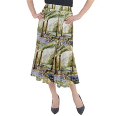 Trees Park Watercolor Lavender Flowers Foliage Midi Mermaid Skirt by Wegoenart