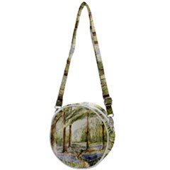 Trees Park Watercolor Lavender Flowers Foliage Crossbody Circle Bag by Wegoenart