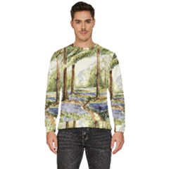 Trees Park Watercolor Lavender Flowers Foliage Men s Fleece Sweatshirt