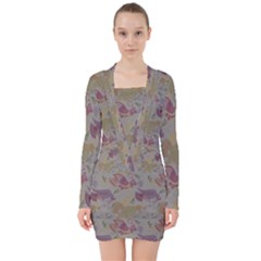 Pattern Armenian Birds V-neck Bodycon Long Sleeve Dress by Gohar