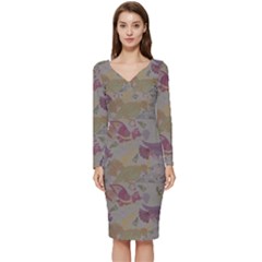 Pattern Armenian Birds Long Sleeve V-neck Bodycon Dress  by Gohar