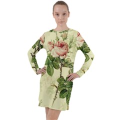 Roses Flowers Vintage Pattern Retro Floral Stem Long Sleeve Hoodie Dress