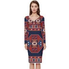 Armenian Carpet Long Sleeve V-neck Bodycon Dress  by Gohar