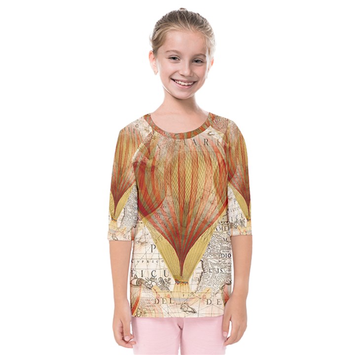 Hot Air Balloon Balloon Map Seamless Pattern Kids  Quarter Sleeve Raglan Tee