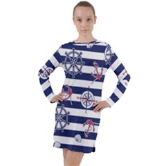 Seamless Marine Pattern Long Sleeve Hoodie Dress