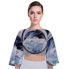 Gray Washing Machine Illustration Tie Back Butterfly Sleeve Chiffon Top