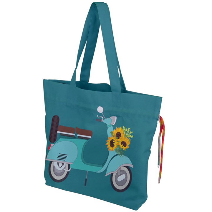 Blue Vespa Taking Flowers To You  Drawstring Tote Bag