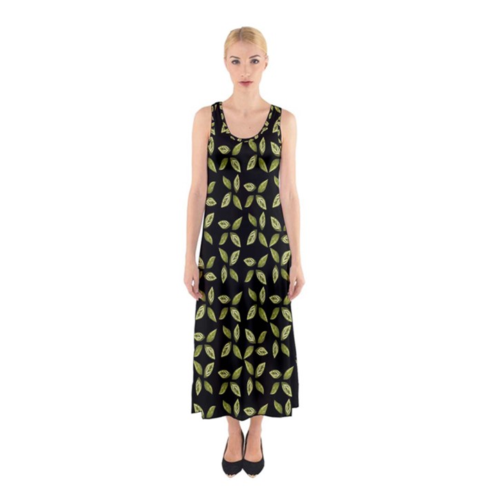 Leaves Motif Random Print Pattern Sleeveless Maxi Dress