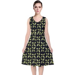 Leaves Motif Random Print Pattern V-neck Midi Sleeveless Dress 