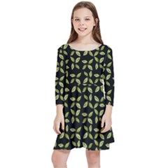 Leaves Motif Random Print Pattern Kids  Quarter Sleeve Skater Dress by dflcprintsclothing