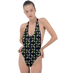 Leaves Motif Random Print Pattern Backless Halter One Piece Swimsuit by dflcprintsclothing