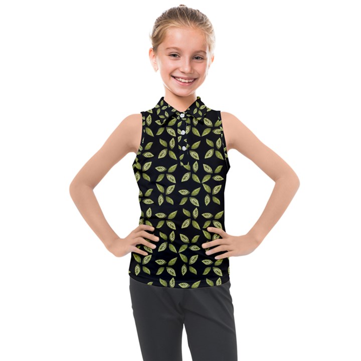 Leaves Motif Random Print Pattern Kids  Sleeveless Polo Tee