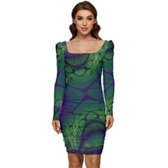 Abstract Fractal Art Pattern Women Long Sleeve Ruched Stretch Jersey Dress by Ravend