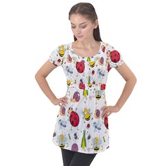 Cute Cartoon Insects Seamless Background Puff Sleeve Tunic Top by Jancukart