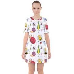 Cute Cartoon Insects Seamless Background Sixties Short Sleeve Mini Dress