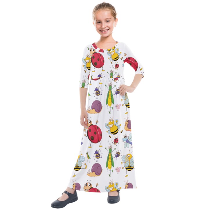 Cute Cartoon Insects Seamless Background Kids  Quarter Sleeve Maxi Dress