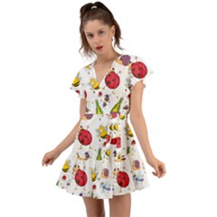 Cute Cartoon Insects Seamless Background Flutter Sleeve Wrap Dress