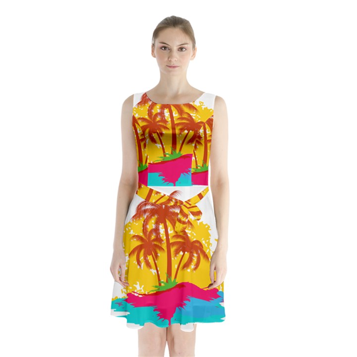 Holiday Tropical Elements Leaf Orange Sleeveless Waist Tie Chiffon Dress