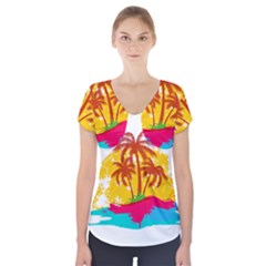 Holiday Tropical Elements Leaf Orange Short Sleeve Front Detail Top by Jancukart