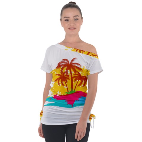 Holiday Tropical Elements Leaf Orange Off Shoulder Tie-up Tee by Jancukart