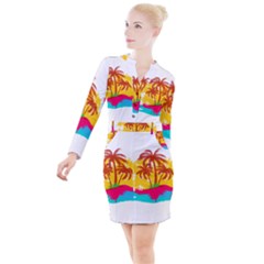 Holiday Tropical Elements Leaf Orange Button Long Sleeve Dress