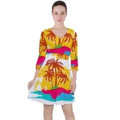 Holiday Tropical Elements Leaf Orange Quarter Sleeve Ruffle Waist Dress