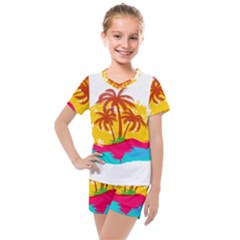 Holiday Tropical Elements Leaf Orange Kids  Mesh Tee And Shorts Set