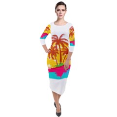 Holiday Tropical Elements Leaf Orange Quarter Sleeve Midi Velour Bodycon Dress