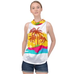 Holiday Tropical Elements Leaf Orange High Neck Satin Top